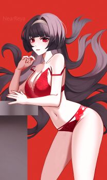 1girl absurdres astra_yao black_hair bra breasts by_nearreya commentary highres lace lace-trimmed_bra lace_trim large_breasts leaning lingerie long_hair looking_at_viewer navel nude panties pink_nails red_background red_bra red_eyes red_panties simple_background smile solo table thighs underwear underwear_only zenless_zone_zero