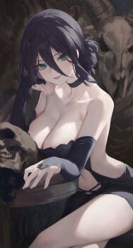 1girl absurdres alternate_costume bare_arms black_dress black_hair blush breasts chainsaw_man cleavage cowboy_shot crossed_legs dress far_side fingernails green_eyes hair_bun highres large_breasts looking_at_viewer navel open_mouth reze_(chainsaw_man) sidelocks single_hair_bun sitting skull sleeveless sleeveless_dress smile solo thighs