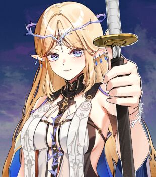 1girl black_collar blonde_hair blue_eyes breasts cartethyia_(wuthering_waves) closed_mouth collar commentary crown_of_thorns devil_may_cry_(series) devil_may_cry_5 drawing_sword earrings english_commentary foxyreine highres holding holding_sword holding_weapon jewelry katana long_hair looking_at_viewer medium_breasts necklace parted_bangs pointy_ears pose_imitation revision scabbard sheath sidelocks signature smile solo sword tabard tacet_mark_(wuthering_waves) unsheathing upper_body very_long_hair watermark weapon web_address white_tabard wuthering_waves yamato_(sword)