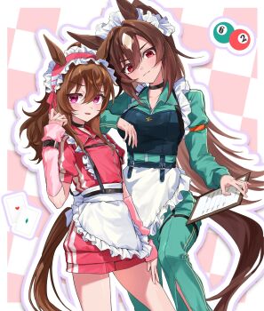 2girls alternate_costume animal_ears ball billiard_ball brown_hair brown_tail card gul_(parfaitgul) highres horse_ears horse_girl horse_tail maid multicolored_hair multiple_girls nakayama_festa_(umamusume) pink_eyes playing_card red_eyes sirius_symboli_(umamusume) streaked_hair tail umamusume