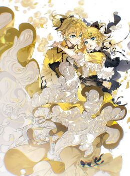 1boy 1girl :d black_bow blonde_hair blue_eyes bow brother_and_sister carrying carrying_person closed_mouth commentary_request double-parted_bangs dress frilled_dress frilled_sleeves frills hair_between_eyes hair_bow highres kagamine_len kagamine_rin open_mouth rumoon short_hair short_sleeves siblings smile twins vocaloid yellow_dress