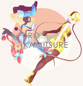 10s 2girls :d back-seamed_legwear blonde_hair blue_eyes boots cable character_name choker elesa_(pokemon) from_behind gloves gym_leader hair_ornament headphones high_heels holding holding_poke_ball looking_back midriff multiple_girls navel nintendo open_mouth pantyhose plug poke_ball poke_ball_(basic) pokemon pokemon_bw red_hair seamed_legwear shoes skllp skyla_(pokemon) smile upside-down v