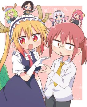 6+girls :d :o absurdres antlers black_pants blonde_hair blue_dress blush border chibi closed_eyes collared_shirt commentary_request cowboy_shot dragon_girl dragon_horns dragon_tail dress elma_(maidragon) fang gloves hand_up highres holding_hands horns ilulu_(maidragon) kanna_kamui kobayashi-san_chi_no_maidragon kobayashi_(maidragon) long_hair long_sleeves looking_at_viewer lucoa_(maidragon) maid multiple_girls necktie open_mouth outline outside_border pants pinafore_dress pink_background red_hair red_necktie richard_(richaball) shirt short_hair short_sleeves sidelocks sleeveless sleeveless_dress smile tail tohru_(maidragon) twintails white_border white_gloves white_outline white_shirt yellow_necktie