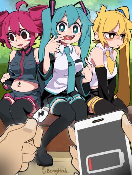 3girls @_@ absurdres ahoge akita_neru android antenna_hair aqua_eyes aqua_hair aqua_necktie artist_name bare_shoulders battery_indicator black_skirt black_sleeves black_thighhighs blonde_hair blue_shirt blue_skirt blush bongftah breasts cable cellphone detached_sleeves drill_hair electric_plug fatass_teto_(meme) hair_between_eyes hair_ornament hatsune_miku highres holding holding_cable holding_phone kasane_teto kasane_teto_(utau) lightning_bolt_symbol long_hair looking_to_the_side master_(vocaloid) medium_breasts meme midriff multiple_girls navel necktie open_mouth phone plump pov pov_hands red_eyes red_hair shirt side_ponytail signature sitting skirt smartphone tears thighhighs triple_baka_(vocaloid) twin_drills twintails usb_cable utau very_long_hair viewer_holding_phone vocaloid white_shirt wide_sleeves yellow_eyes yellow_necktie