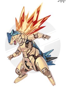 absurdres fire full_body gen_2_pokemon highres lordyanyu mechanization nintendo no_humans pokemon pokemon_(creature) robot simple_background solo twitter_username typhlosion white_background