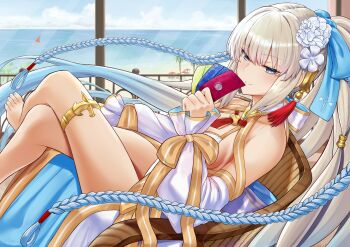 1girl absurdres bare_shoulders bikini blue_eyes blue_hair braid breasts chair cleavage commentary_request detached_sleeves fate/grand_order fate_(series) flower gold_trim hair_flower hair_ornament hair_ribbon highres jewelry large_breasts long_hair long_skirt long_sleeves looking_at_viewer morgan_le_fay_(fate) morgan_le_fay_(water_princess)_(fate) ponytail puffy_long_sleeves puffy_sleeves ribbon sidelocks sitting skirt smile solo suiete swimsuit thighlet thighs twin_braids very_long_hair white_bikini white_hair white_skirt