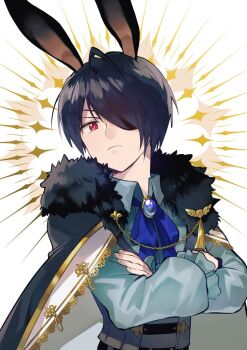 1boy animal_ears black_cape black_hair blue_bow blue_bowtie blue_gemstone bow bowtie brooch cape closed_mouth collared_shirt commentary crossed_arms eyepatch frilled_sleeves frills frown fur_collar gem gold_trim grey_shirt hair_between_eyes hair_over_one_eye jewelry long_bangs long_sleeves looking_at_viewer male_focus namosuke_(oetwmkekmz) rabbit_boy rabbit_ears red_eyes shirt short_hair solo sweater_guard symbol-only_commentary tales_weaver upper_body white_background