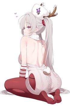 1girl arm_warmers armpits back backless_sweater bare_shoulders breasts clothing_cutout deyui dress full_body fur_hat hat heart heart-shaped_pupils highres horned_hat knit_sweater large_breasts laru_(snowish)_(stella_sora) laru_(stella_sora) looking_at_viewer looking_back median_furrow official_alternate_costume pantyhose papakha red_pantyhose shoulder_blades sideboob sitting sleeveless sleeveless_sweater smile solo stella_sora striped_arm_warmers sweater sweater_dress symbol-shaped_pupils tail tail_through_clothes twintails white_arm_warmers white_background