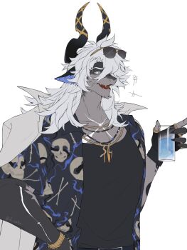 1boy alchemy_stars animal_ears artist_name black_gloves black_shirt claws coat coat_on_shoulders commentary cup d_catio english_commentary eyewear_on_head fangs fingerless_gloves furry furry_male gloves goat_ears goat_horns highres holding holding_cup horns istvan_(roadside_celebrity)_(alchemy_stars) jewelry looking_to_the_side male_focus muscular muscular_male necklace open_clothes open_mouth open_shirt pectorals shirt sunglasses white_background white_coat white_hair