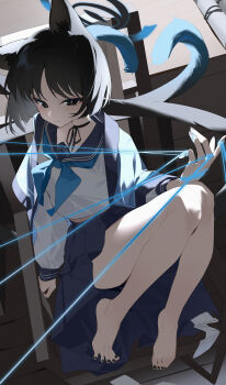 1girl :| absurdres animal_ear_fluff animal_ears bare_legs barefoot black_hair black_ribbon blue_archive blue_neckerchief blue_skirt blue_string bright_pupils cat_ears cat_girl cat_tail chair closed_mouth commentary_request eyeshadow fingernails halo haori highres japanese_clothes kikyou_(blue_archive) knees_up long_sleeves looking_at_viewer makeup midriff_peek multiple_tails nail_polish neck_ribbon neckerchief on_chair pleated_skirt red_eyeshadow ribbon school_uniform serafuku shirt short_hair sitting skirt solo tail toenail_polish toenails toes two_tails wako_(1194433260) white_pupils white_shirt