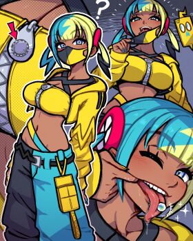 1girl ? akairiot alt_text bandeau black_mask blonde_hair blue_eyes canari_(pokemon) commentary dark-skinned_female dark_skin highres jacket long_tongue looking_at_viewer mask mask_pull mouth_mask multicolored_hair multiple_views nintendo one_eye_closed paid_reward_available piercing pokemon pokemon_legends:_z-a rotom rotom_phone solo split-color_hair sports_bra symbol-only_commentary tongue tongue_out tongue_piercing twintails two-tone_hair two-tone_mask yellow_bandeau yellow_jacket yellow_mask yellow_sports_bra