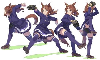 1girl absurdres animal_ears arms_up ball baseball_bat baseball_glove bike_shorts blue_eyes breasts brown_footwear brown_hair buttons clenched_teeth coat double-breasted frown highres holding holding_ball horse_ears horse_girl horse_tail leg_up long_sleeves looking_afar mejiro_palmer_(umamusume) motion_blur multicolored_hair multiple_views nishiki_kazue pitching ponytail purple_coat purple_skirt purple_thighhighs school_uniform sequential shoes skirt small_breasts standing standing_on_one_leg streaked_hair tail teeth thighhighs throwing tracen_school_uniform tracen_winter_coat umamusume upskirt v-shaped_eyebrows