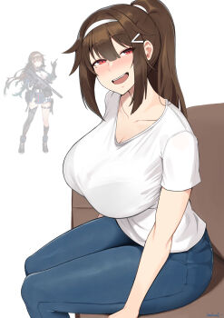 1girl breasts brown_hair commentary denim english_commentary girls'_frontline high_ponytail highres huge_breasts jeans js_9_(girls'_frontline) kion-kun long_hair looking_at_viewer looking_to_the_side mole mole_under_eye multiple_views open_mouth pants ponytail red_eyes reference_inset shirt simple_background sitting t-shirt v-neck white_background white_shirt