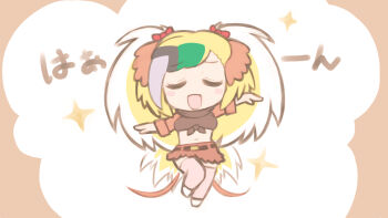 1girl bird_tail bird_wings black_hair blonde_hair bow breasts greater_bird-of-paradise_(kemono_friends) green_hair grey_hair head_wings highres kemono_friends kemono_friends_3 long_hair medium_breasts midriff multicolored_hair navel open_mouth pariparifromage shirt short_hair skirt smile solo tail wings