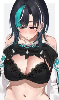 1girl absurdres aqua_hair black_bra black_hair black_shirt blush border bra braid braided_bangs breasts cleavage clothes_lift commentary_request grey_background highres hololive hololive_dev_is lace lace-trimmed_bra lace_trim large_breasts long_sleeves medium_hair mino_(miiiinon611) multicolored_hair navel off-shoulder_shirt off_shoulder outside_border purple_eyes purple_streaks raglan_sleeves rindo_chihaya rindo_chihaya_(1st_costume) shirt shirt_lift simple_background solo stomach streaked_hair underwear virtual_youtuber white_border white_sleeves white_streaks