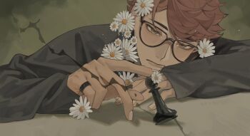 1boy bespectacled black-framed_eyewear brown_eyes brown_hair chess_piece closed_mouth commentary fingernails flower glasses grey_sweater haikyuu!! hair_flower hair_ornament hashtag-only_commentary highres jewelry long_sleeves looking_at_object male_focus oikawa_tooru_(haikyuu!!) parted_bangs pawn_(chess) pinky_ring ring short_hair sleeves_past_wrists solo sweater upper_body white_flower xiao_qi_(sakugawa996)