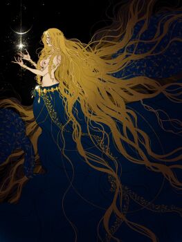 absurdly_long_hair armlet belt black_background blonde_hair blue_dress bracelet braid breasts circlet dress elden_ring elden_ring_(object) fingernails floating_clothes floating_hair from_side gold_armlet gold_belt gold_bracelet gold_circlet gold_diadem gold_trim great_rune_(elden_ring) highres jewelry king_of_red_dragon long_dress long_fingernails long_hair looking_at_object medium_breasts nipples ornate_clothes parted_bangs queen_marika_the_eternal reaching sparkle topless_female twin_braids very_long_hair