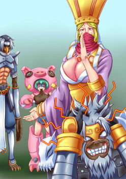 2boys 2girls armor cho-hakkaimon digimon gokuwmon headache highres journey_to_the_west kappa monk monkey multiple_boys multiple_girls pig sagomon sanzomon