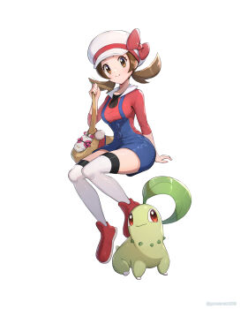 1girl bag black_thighhighs blue_overalls blush bow breasts brown_eyes brown_hair chikorita commentary_request gen_2_pokemon gonzarez hat highres invisible_chair leaf long_hair lyra_(pokemon) medium_breasts newsboy_cap nintendo overalls pokegear pokemon pokemon_(creature) pokemon_hgss red_eyes red_shirt red_shoes ribbon shirt shoes short_hair short_twintails sitting smile thighhighs twintails white_hat yellow_bag