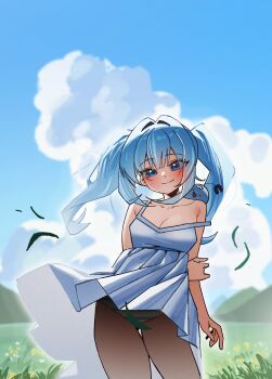 1girl arahashi_tabi blue_dress blue_eyes blue_hair blue_sky blush breasts cleavage closed_mouth clothes_lift cloud commentary_request contrapposto cowboy_shot creature creature_on_shoulder day double-parted_bangs dress dress_lift falling_leaves field floating_clothes floating_hair hair_intakes highres korean_commentary large_breasts leaf long_hair looking_at_viewer on_shoulder outdoors panties pantyshot pungdangi_(arahashi_tabi) shizuka_(realbohengmi) sky sleeveless sleeveless_dress smile solo standing stellive straight_hair strap_slip striped_clothes striped_panties sundress twintails underwear variant_set wind wind_lift