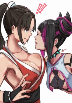 ! !! 2girls absurdres black_hair blue_eyes breasts closed_mouth crossover diagonal_bangs hair_horns han_juri highres japanese_clothes kimono large_breasts momo_juice multicolored_hair multiple_girls nervous profile purple_hair red_kimono shiranui_mai simple_background streaked_hair street_fighter the_king_of_fighters two-tone_hair veil white_background white_veil