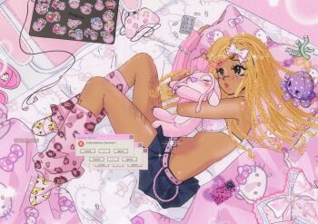 1girl angel_(lilo_&amp;_stitch) animal_print belt blonde_hair bow bra cdollychan cellphone character_doll character_print commentary computer dark-skinned_female dark_skin denim denim_skirt doll dreadlocks earbuds earphones english_commentary error_message gen_1_pokemon gyaru gyaru_makeup hair_bow hello_kitty hello_kitty_(character) highlighter_(makeup) highres hime_gyaru holding holding_stuffed_toy indoors laptop leg_warmers leopard_print lilo_&amp;_stitch long_hair lying makeup microsoft_windows my_melody my_sweet_piano nintendo on_side onegai_my_melody original phone pikachu pink_belt pink_bow pink_leg_warmers pink_socks pokemon sanrio skirt smartphone socks solo sticker stuffed_toy tattoo underwear wallet_chain white_bra window_(computing) windows_xp