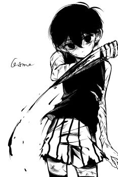 Rule 34 | 1boy, antenna hair, arm at side, bare arms, bare shoulders, blood, bloody knife, bruise, bruise on arm, bruise on face, bruise on leg, chinese commentary, closed mouth, commentary request, contrapposto, double-parted bangs, empty eyes, expressionless, foreshortening, from below, gaks030, greyscale, hair behind ear, hair between eyes, hatching (texture), high contrast, highres, holding, holding knife, injury, knife, looking at viewer, male focus, monochrome, no pupils, omori, omori (omori), scar, scar on arm, scar on face, scar on leg, short hair, shorts, simple background, solo, standing, striped clothes, striped shorts, tank top, thighhighs, torn clothes, torn tank top, two-tone shorts, vertical-striped clothes, vertical-striped shorts, very short hair, white background