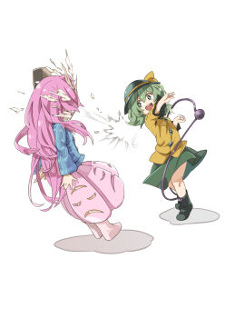 2girls :d bubble_skirt cake food food_on_face full_body green_eyes green_hair hat hat_ribbon hata_no_kokoro highres in_the_face komeiji_koishi long_sleeves muchi_maro multiple_girls open_mouth pie pie_in_face pink_hair portrait ribbon round_teeth shirt silver_hair skirt smile teeth third_eye throwing throwing_food throwing_pie touhou wide_sleeves