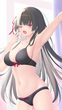 1girl ;o absurdres arm_up armpits black_bra black_hair black_panties bra breasts brysinggamen chisa_(wuthering_waves) cleavage collarbone commentary cowboy_shot hair_ribbon highres jewelry long_hair medium_breasts mole mole_under_eye multiple_rings navel one_eye_closed open_hand panties red_eyes ribbon ring solo stomach strap_gap underwear underwear_only very_long_hair wuthering_waves yawning