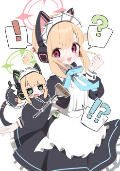 !? ... 2girls :d ? absurdres animal_ear_headphones animal_ears apron black_dress black_tail blonde_hair blue_archive blue_bow blue_bowtie blush borrowed_clothes bow bowtie broom cat_ear_headphones cat_ears cat_tail chibi chibi_inset collared_dress commentary contrast_collar dress fake_animal_ears fake_tail frilled_apron frilled_dress frills green_eyes green_halo hair_bow halo hand_up headphones highres holding holding_broom ktgrtos long_sleeves looking_at_viewer maid maid_apron maid_headdress midori_(blue_archive) midori_(maid)_(blue_archive) momoi_(blue_archive) momoi_(maid)_(blue_archive) multiple_girls official_alternate_costume official_alternate_hairstyle open_mouth parted_bangs pink_bow pink_eyes pink_halo puffy_long_sleeves puffy_sleeves short_hair short_twintails sidelocks simple_background smile speech_bubble spoken_ellipsis spoken_question_mark sweatdrop tail teeth twintails upper_teeth_only v-shaped_eyebrows virtual_pet_(toy) white_apron white_background white_headdress