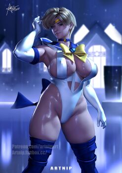 1girl artnip bishoujo_senshi_sailor_moon blonde_hair blue_boots blue_choker blue_eyes boots breasts choker circlet cleavage curvy elbow_gloves english_text gloves large_breasts leotard outer_senshi paid_reward_available sailor_uranus short_hair solo ten&#039;ou_haruka thigh_boots thighhighs very_short_hair white_gloves white_leotard