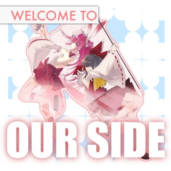 2girls animal_ears ascot back beatmania_iidx bemani black_hair black_sandals black_shoes bow closed_mouth commentary_request crossover detached_sleeves english_text fake_animal_ears frilled_bow frilled_hair_tubes frills full_body gohei hair_bow hair_tubes hakurei_reimu highres holding holding_gohei long_hair mary_janes multiple_girls ofuda pink_hair pleated_skirt purple_eyes rabbit_ears red_bow red_shirt red_skirt ribbon-trimmed_sleeves ribbon_trim sandals shirt shoes sixsec6ndzlater skirt skirt_set sleeveless sleeveless_shirt smile socks touhou trait_connection umegiri_ameto white_background white_sleeves white_socks yellow_ascot