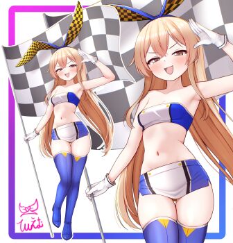 1girl absurdres alternate_costume bandeau blonde_hair blue_hairband blue_thighhighs breasts checkered_clothes checkered_flag commentary cowboy_shot flag full_body gloves grey_eyes hairband highleg highleg_panties highres kantai_collection long_hair looking_at_viewer midriff miniskirt navel panties race_queen salute shimakaze_(kancolle) signature skirt small_breasts smile solo strapless thighhighs tiemu_(man190) tube_top underwear v-shaped_eyebrows white_bandeau white_gloves zoom_layer