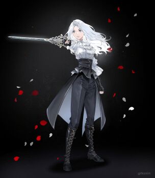 1girl absurdres artist_name ascot black_background black_boots black_pants boots clair_obscur:_expedition_33 closed_mouth commentary english_commentary falling_petals floating_hair grey_eyes highres holding holding_sword holding_weapon long_hair looking_ahead maelle_(clair_obscur:_expedition_33) official_alternate_hair_color pants petals solo sword tk_(tksnim) weapon white_ascot white_hair