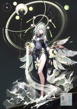 Rule 34 | 1girl, black dress, black hair, breasts, breasts apart, bright pupils, cleavage cutout, clothing cutout, commentary request, constellation, covered navel, crescent, dress, elbow gloves, feathered wings, fingerless gloves, gloves, hair intakes, highres, looking at viewer, mechanical wings, medium breasts, medium hair, natori youkai, original, periodic table, personification, side slit, sideboob, sleeveless, sleeveless dress, tight clothes, tight dress, vase, white hair, white pupils, wings, yellow eyes