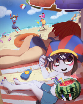 absurdres ass ball beach beachball bendy_straw bikini blue_eyes blush_stickers brown_hair colored_skin drinking_straw food fruit gangle_(the_amazing_digital_circus) hat highres holding holding_ball holding_beachball jax_(the_amazing_digital_circus) jester_cap kinger_(the_amazing_digital_circus) mosboru multicolored_eyes multiple_boys multiple_girls partially_buried pomni_(the_amazing_digital_circus) ragatha_(the_amazing_digital_circus) red_eyes sand_castle sand_sculpture short_hair side-tie_bikini_bottom sunglasses swimsuit the_amazing_digital_circus two-tone_eyes watermelon