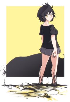 1girl absurdres ahoge black_hair black_shirt earrings grey_skirt highres jewelry kuronami616 legs liquid looking_at_viewer mole mole_under_eye original ring shirt short_hair simple_background skirt smile solo water yellow_eyes