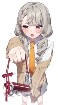 Rule 34 | 1girl, absurdres, blonde hair, blush, braid, chocolate, commentary request, embarrassed, facial mark, gift, grey skirt, hat, highres, holding, holding gift, jacket, komori met, komori met (6th costume), long sleeves, low twintails, nail polish, nea 369, necktie, open mouth, orange necktie, plaid clothes, plaid necktie, purple eyes, ribbon, shirt, short necktie, side braid, simple background, skirt, solo, triangle, triangle facial mark, twintails, valentine, virtual youtuber, vspo!, white background, white shirt