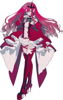 1girl baobhan_sith_(fate) baobhan_sith_(first_ascension)_(fate) boots breasts detached_sleeves dress earrings fate/grand_order fate_(series) frilled_dress frills full_body grey_eyes hair_ornament hand_up high_heel_boots high_heels highres jewelry long_hair looking_at_viewer mochizuki_kei official_art pink_hair platform_heels pointy_ears red_dress red_nails second-party_source sidelocks solo thigh_boots