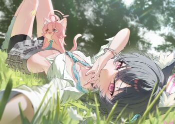 1girl 1other absurdres ahoge animal_ear_fluff animal_ears bead_bracelet beads black_hair black_shoes blue_archive blue_eyes blue_necktie blue_ribbon blurry blurry_background blurry_foreground bracelet cat_ears cat_girl collarbone commentary_request covering_own_mouth cropped_shirt crossed_bangs depth_of_field dutch_angle flower full_body grey_skirt hair_between_eyes hair_ribbon halo heterochromia highres hoshino_(blue_archive) jewelry knees_up light_particles long_sleeves looking_at_viewer loose_necktie loose_socks lying may.l midriff miniskirt nail_polish navel necktie on_grass outdoors partially_open_shirt pink_eyes pink_hair pink_halo pink_nails plaid_clothes plaid_skirt pleated_skirt reaching reaching_towards_viewer ribbon serika_(blue_archive) shoes skirt socks solo_focus stomach thighs white_flower white_socks yellow_eyes