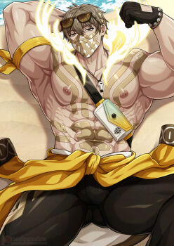 1boy abs arm_behind_head bara brown_eyes brown_hair clothes_around_waist commentary eikthyrnir_(fire_emblem) eikthyrnir_(summer)_(fire_emblem) english_commentary eyewear_on_head fire_emblem fire_emblem_heroes flexing large_pectorals looking_at_viewer lying male_focus muscular muscular_male nintendo nipples on_back paid_reward_available pectorals ren_ayume short_hair solo sunglasses thick_thighs thighs topless_male whistle whistle_around_neck