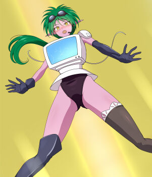 1girl :o asaricurry bishoujo_senshi_sailor_moon black_gloves black_leotard blush boots breasts colored_skin computer computer_mouse covered_navel demon_girl gloves goggles goggles_on_head green_hair highleg highleg_leotard highres impossible_clothes large_breasts leotard long_hair looking_at_viewer low_ponytail pink_skin pointy_ears ponytail revealing_clothes shiny_skin simple_background thigh_boots u-pasokon wide_hips yellow_eyes