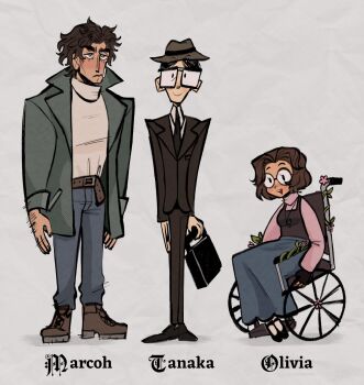 1girl 2boys bag belt black_camisole black_hair black_jacket black_necktie black_pants black_shoes black_suit blue_pants blue_skirt brown_belt brown_hair brown_hat brown_shoes camisole camisole_over_clothes character_name closed_mouth commentary english_commentary fear_&amp;_hunger_(series) fear_&amp;_hunger_2:_termina formal_clothes glasses green_jacket grey_background hat highres holding holding_bag jacket long_sleeves looking_at_viewer marcoh_(fear_&amp;_hunger) mary_janes multiple_boys necktie nuwi_(furinuwi) olivia_(fear_&amp;_hunger) open_clothes open_jacket open_mouth pants pink_shirt rectangular_eyewear round_eyewear shirt shoes short_hair sitting skirt smile socks standing suit tanaka_(fear_&amp;_hunger) teeth upper_teeth_only wheelchair white_shirt white_socks