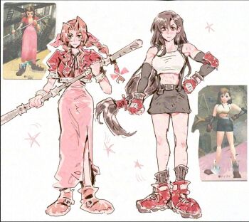 2girls aerith_gainsborough bare_shoulders belt black_gloves black_hair black_skirt black_socks boots braid braided_ponytail breasts brown_boots brown_eyes brown_hair crop_top cropped_jacket dianguc dress earrings elbow_gloves elbow_pads final_fantasy final_fantasy_vii fingerless_gloves full_body gloves green_eyes hair_ribbon hair_tie hand_on_own_hip holding holding_staff jacket jewelry long_dress long_hair low-tied_long_hair medium_breasts midriff miniskirt multiple_girls parted_bangs pink_dress pink_ribbon puffy_short_sleeves puffy_sleeves red_boots red_gloves red_jacket reference_inset ribbon shirt short_sleeves side_slit sidelocks silver_bangle single_braid single_elbow_pad sketch skirt socks staff standing suspenders tifa_lockhart white_background white_shirt