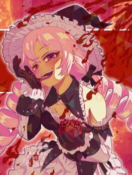 1girl absurdres bare_shoulders black_gloves black_shirt blood blood_on_clothes blood_on_hands blush breasts detached_collar detached_sleeves drill_hair food fruit gloves hat highres holding holding_food holding_fruit long_hair looking_at_viewer open_mouth original pappet3104518 pink_eyes pink_hair shirt skirt small_breasts smile solo tongue tongue_out twin_drills white_skirt witch_hat