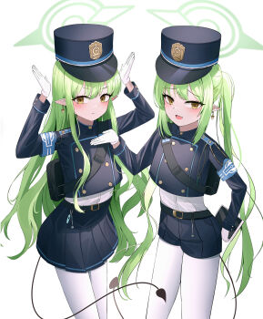 2girls :d :t absurdres armband black_hat black_jacket black_shorts black_skirt blue_archive blue_armband blush buttons closed_mouth commentary cowboy_shot demon_girl demon_tail double-breasted earrings eyelashes fang gloves green_hair green_halo hair_between_eyes halo hand_up hands_up hat highres hikari_(blue_archive) jacket jewelry korean_commentary long_hair long_sleeves looking_at_viewer lunar_(pixiv53683306) making_faces miniskirt multiple_girls nozomi_(blue_archive) open_hand open_mouth pantyhose peaked_cap pleated_skirt pointy_ears pout shorts siblings sidelocks simple_background sisters skin_fang skirt smile tail tsurime twins twintails v-shaped_eyebrows very_long_hair white_background white_gloves white_pantyhose yellow_eyes