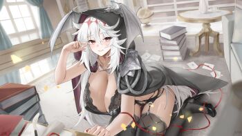 1girl absurdres arm_up armor artist_name artist_request black_bra black_cape black_hood black_panties black_thighhighs blush book book_stack bookmark bookshelf bra breasts cape carpet check_artist cleavage collarbone commentary_request commissioner_name couch cup curtains day dragon_ornament dragon_wings dutch_angle envelope garter_straps globe hair_between_eyes head_wings high_heels highres hood hooded_cape huge_breasts indoors kim_boki korean_commentary leaning_forward legs light_particles lingerie long_hair looking_at_viewer navel on_floor open_book original panties parted_lips quill red_eyes red_ribbon ribbon round_table rubbing_eyes rug second-party_source shoulder_armor sidelocks sitting smile socks spiked_hair star_(symbol) table teacup teapot tearing_up thigh_gap thighhighs thighs tile_floor tiles two-sided_cape two-sided_fabric underwear very_long_hair wariza white_hair window wings