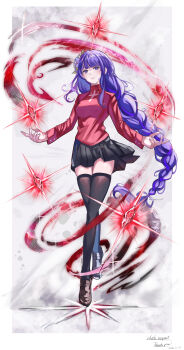 Rule 34 | 1girl, absurdres, alternate costume, artist name, black thighhighs, blunt bangs, braid, commentary, commission, cosplay, costume switch, crossover, fate/grand order, fate/stay night, fate (series), floating, full body, gem, genshin impact, glowing, hair ornament, hair ribbon, haruno chika (haruno381), head tilt, highres, japanese clothes, long braid, long hair, long sleeves, looking at viewer, mole, mole under eye, parted lips, powering up, purple eyes, purple hair, raiden shogun, red gemstone, red shirt, ribbon, shade, shirt, single braid, skeb commission, skirt, solo, standing, thighhighs, thighs, tohsaka rin, tohsaka rin (cosplay)