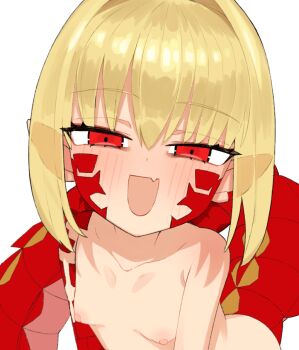 1girl blonde_hair braid breasts collarbone completely_nude dragon_tail facial_mark fang fate/grand_order fate_(series) hair_intakes hair_ribbon kunabishi loli looking_at_viewer medium_hair nero_claudius_(fate) nipples nude open_mouth pointy_ears queen_draco_(fate) red_eyes red_ribbon ribbon scales small_breasts smile solo tail webp-to-png_conversion