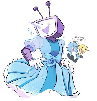 3boys ant_tenna blue_addison_(deltarune) blue_bow blue_dress blush bow clothed_robot clothes_lift colliholly commentary crossdressing crossdressing_(mtf) crt deltarune dress dress_lift english_commentary gloves highres humanoid_robot long_nose male_focus multiple_boys object_head pointy_nose puffy_short_sleeves puffy_sleeves radio_antenna robot short_sleeves simple_background smile sparkle utdr_(toby_fox) white_background white_gloves yellow_addison_(deltarune)